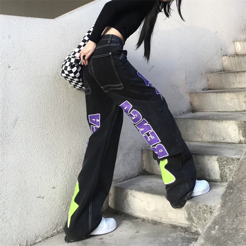 American Retro Letter Star Print Casual Jeans 2022 Winter New High Street Fashion All-match Loose Washed  Wide Leg Pants